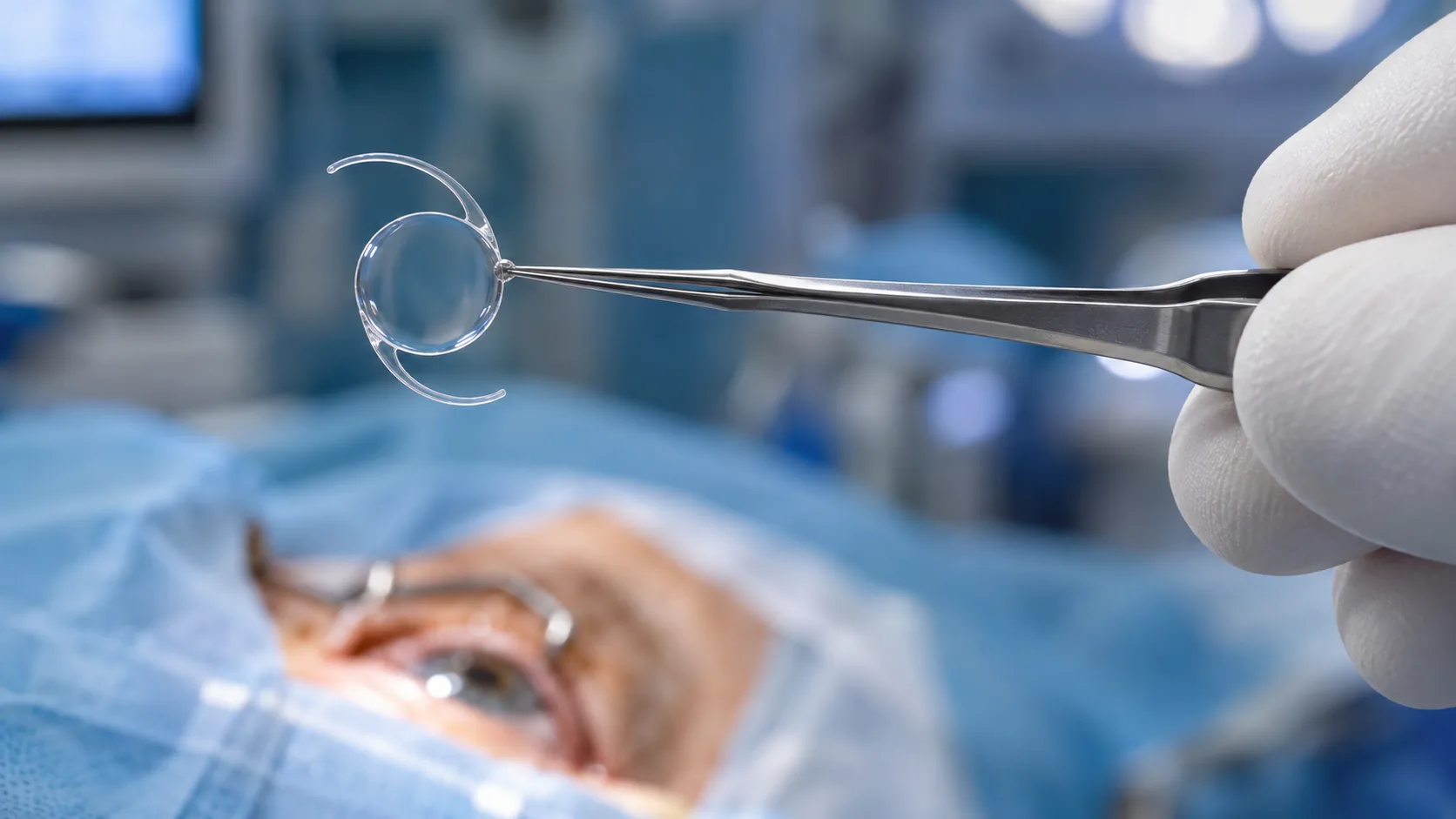 Ilustração de uma lente intraocular segurada por uma pinça, no centro cirúrgico